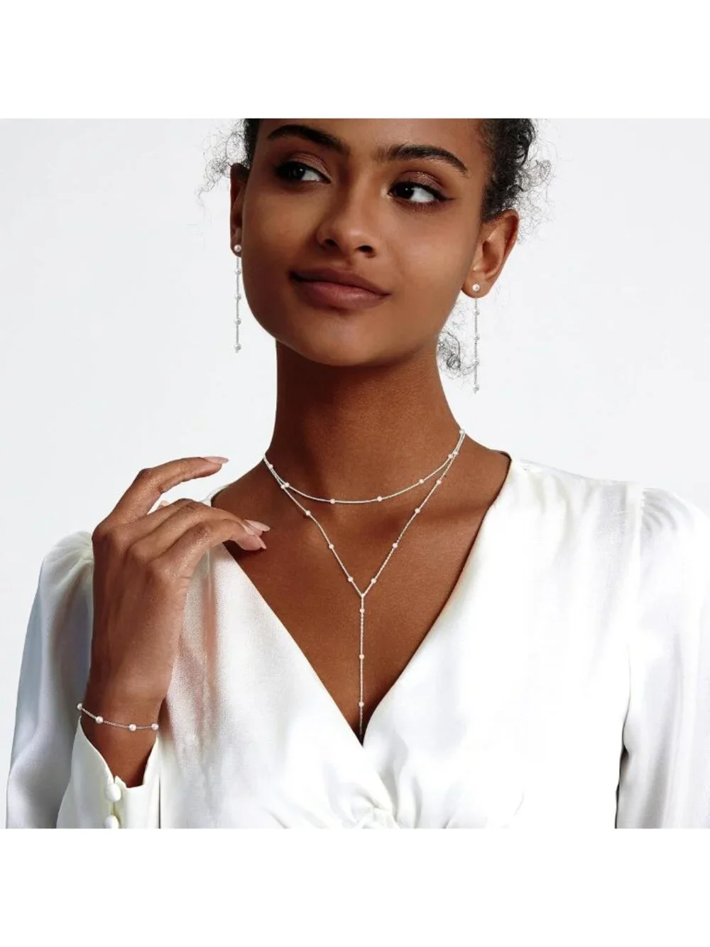 Dainty Layered Gold Pearl Necklace Set, Choker & Earrings, Trendy Wedding